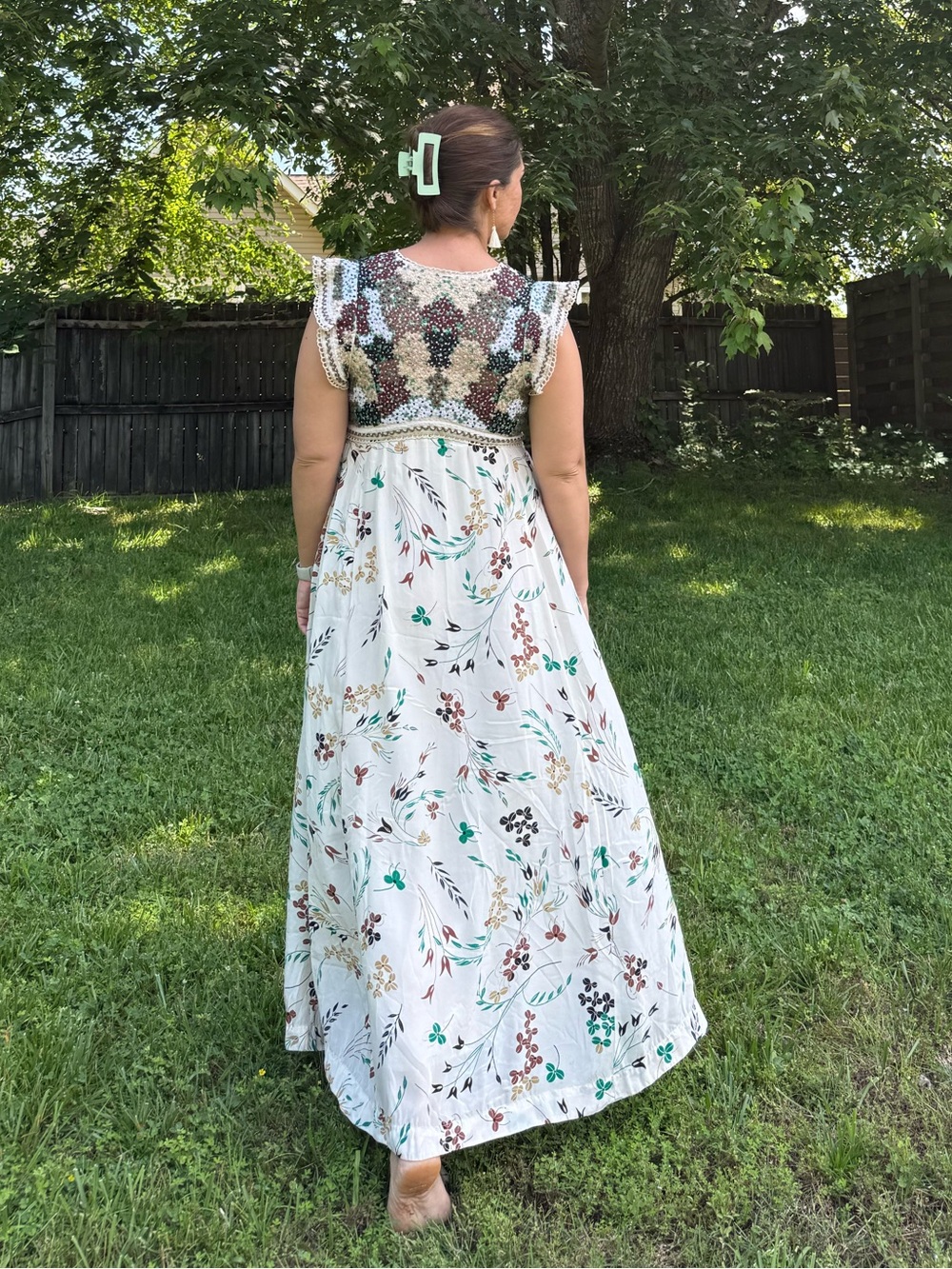 Anthropologie Cream Floral Maxi Dress with Embroidered Yoke and Pockets - Picture 4 of 6